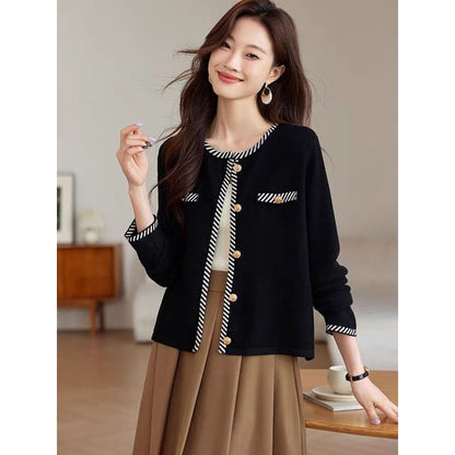 Round Neck Striped Button Up Cardigan