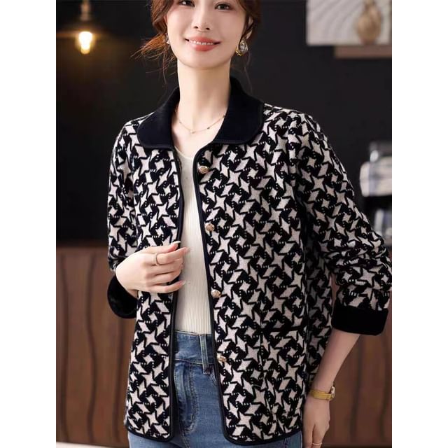 Collared Houndstooth Button Up Cardigan