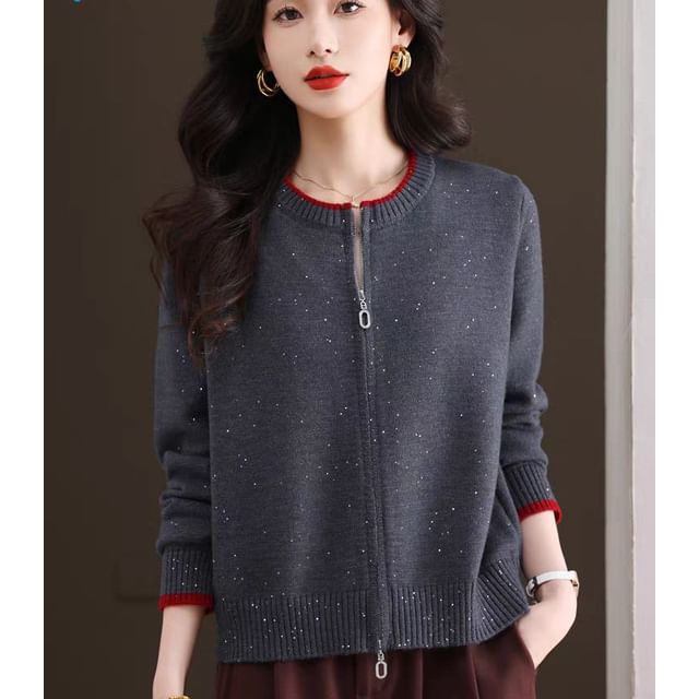 Round Neck Contrast Trim Zip Cardigan