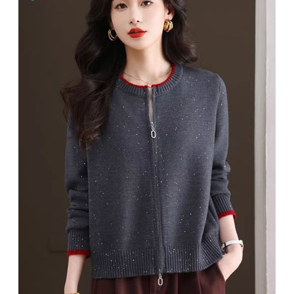 Round Neck Contrast Trim Zip Cardigan
