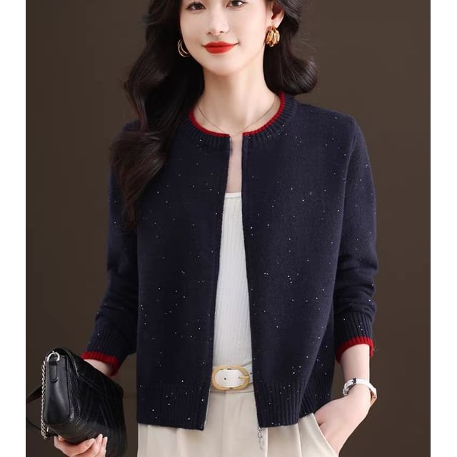 Round Neck Contrast Trim Zip Cardigan