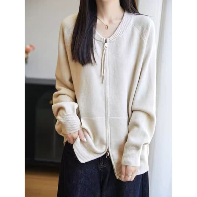 Round Neck Plain Zip Cardigan
