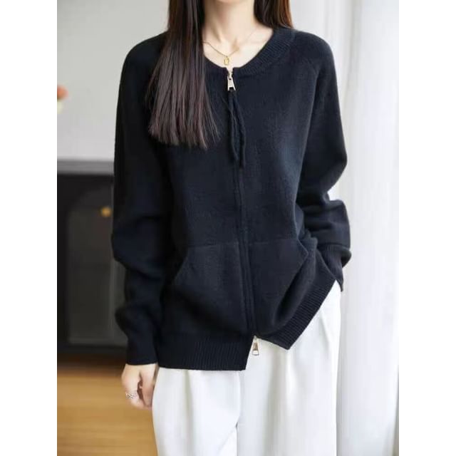 Round Neck Plain Zip Cardigan