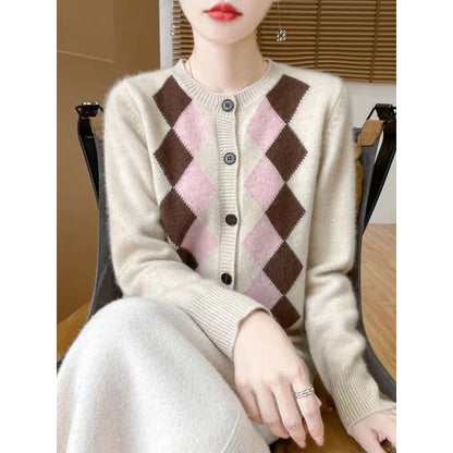 Crew Neck Argyle Button Up Cardigan