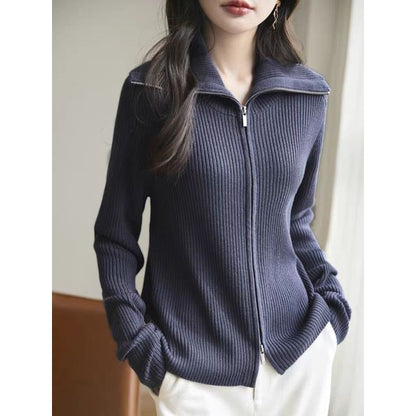Collared Plain Ribbed Knit Zip Cardigan