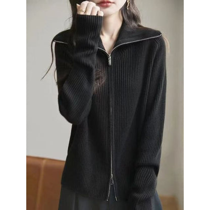 Collared Plain Ribbed Knit Zip Cardigan