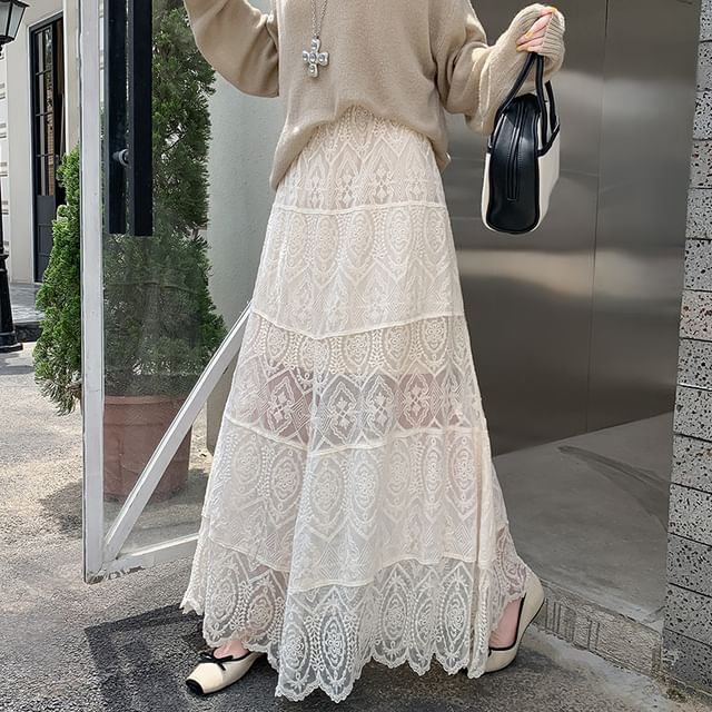 Elastic Waist Tiered Lace Maxi Skirt