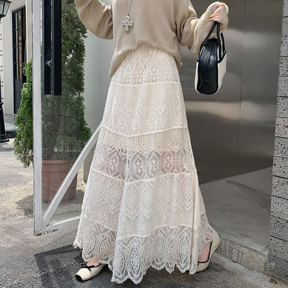 Elastic Waist Tiered Lace Maxi Skirt