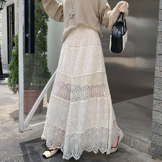 Elastic Waist Tiered Lace Maxi Skirt