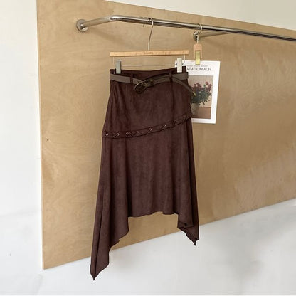 Asymmetrical Grommet Midi A-Line Skirt