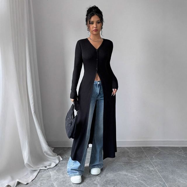 Long Sleeve V-Neck Plain Long Light Cardigan