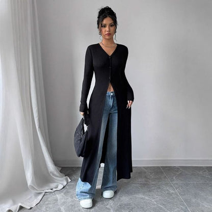 Long Sleeve V-Neck Plain Long Light Cardigan