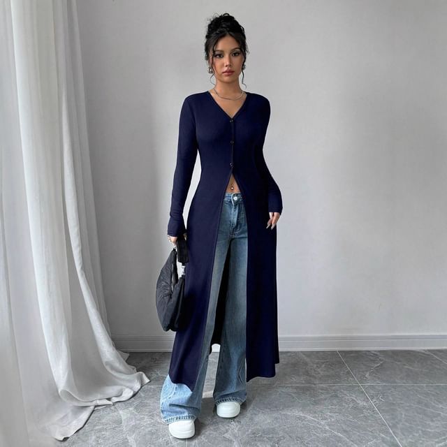 Long Sleeve V-Neck Plain Long Light Cardigan
