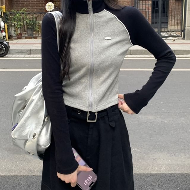 Mock Neck Two Tone Zip-Up Cardigan