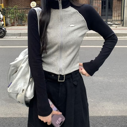 Mock Neck Two Tone Zip-Up Cardigan