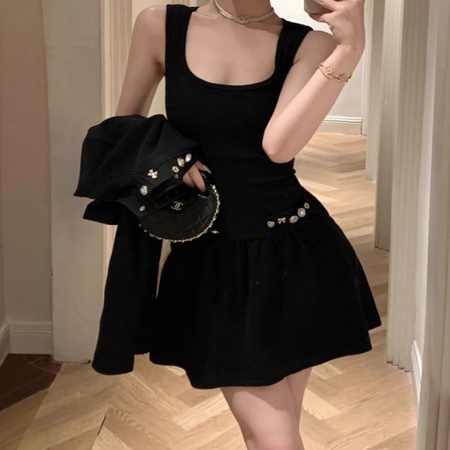 Sleeveless Square Neck Mini A-Line Dress with Cardigan