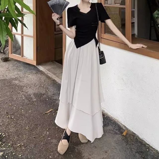 Slim Fit Tee with Asymmetric Hem, Short Sleeved, Midi A-Line Skirt Set