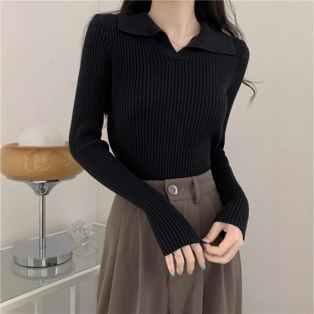 Ribbed Knit Polo Shirt with V-Neck, Long Sleeved, Solid Color