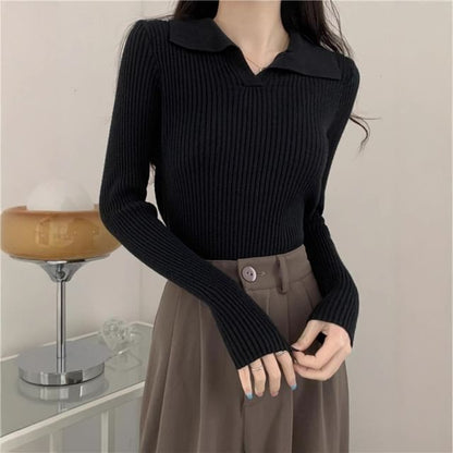 Ribbed Knit Polo Shirt with V-Neck, Long Sleeved, Solid Color