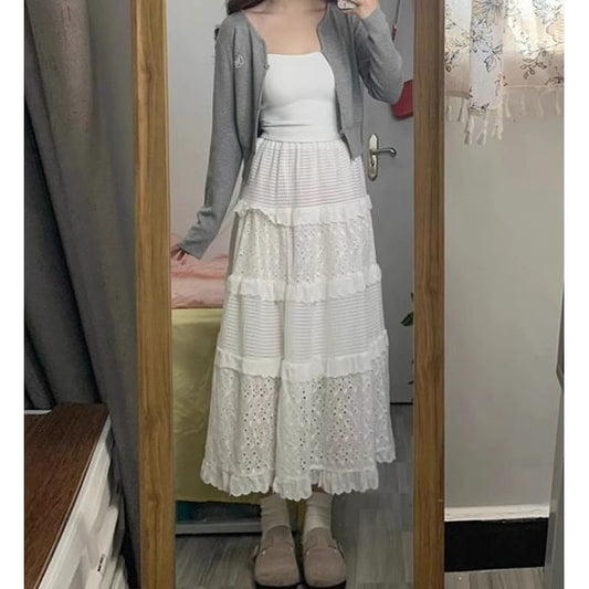 Notch Neck Melange Cardigan / Elastic Waist Plain Eyelet Tiered Midi A-Line Skirt