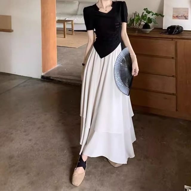 Slim Fit Tee with Asymmetric Hem, Short Sleeved, Midi A-Line Skirt Set