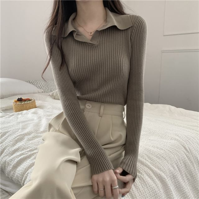 Ribbed Knit Polo Shirt with V-Neck, Long Sleeved, Solid Color