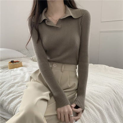 Ribbed Knit Polo Shirt with V-Neck, Long Sleeved, Solid Color