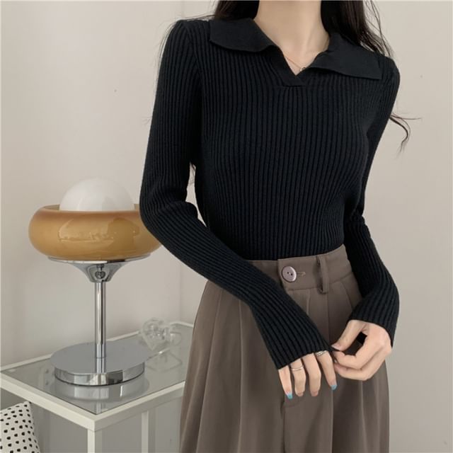 Ribbed Knit Polo Shirt with V-Neck, Long Sleeved, Solid Color