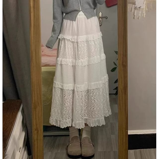 Notch Neck Melange Cardigan / Elastic Waist Plain Eyelet Tiered Midi A-Line Skirt
