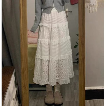 Notch Neck Melange Cardigan / Elastic Waist Plain Eyelet Tiered Midi A-Line Skirt
