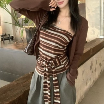 Set: Striped Tie-Up Tube Top + Plain Cardigan