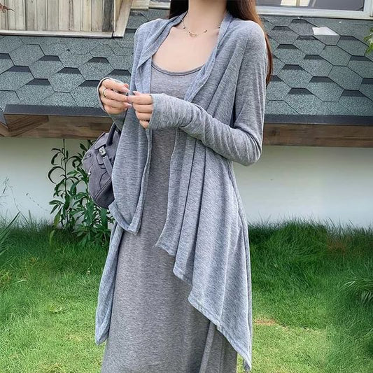 Long Open Front Plain Cardigan