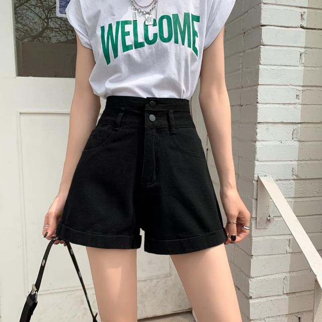 High Waist Roll Up Hem Denim Shorts