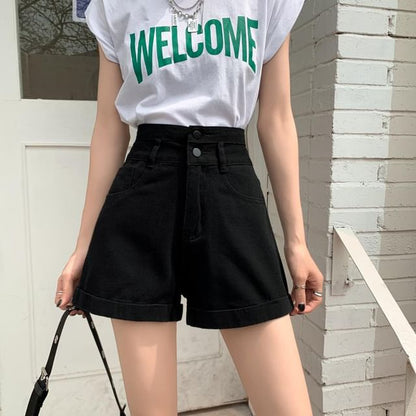 High Waist Roll Up Hem Denim Shorts