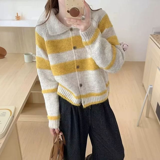 Collared Striped Button-Up Cardigan