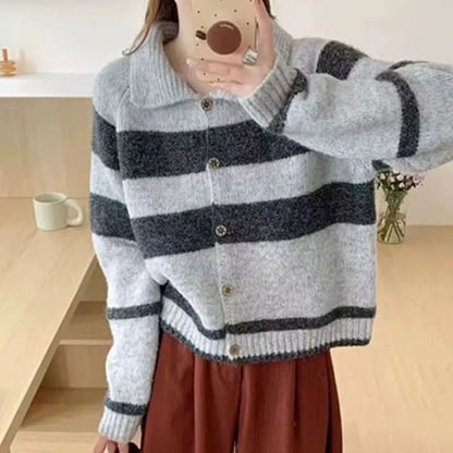 Collared Striped Button-Up Cardigan