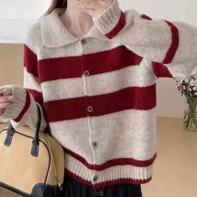 Collared Striped Button-Up Cardigan