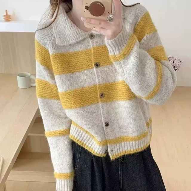 Collared Striped Button-Up Cardigan