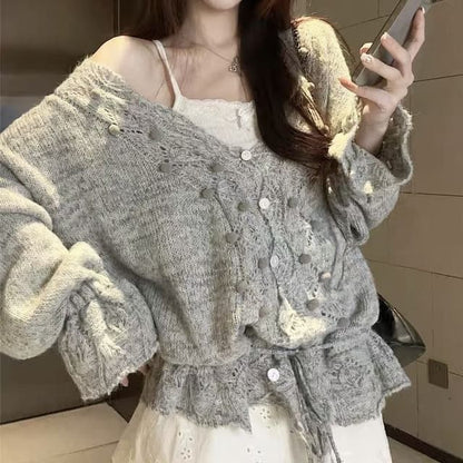 Beaded V-Neck Plain Cardigan