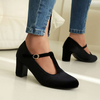 Almond Toe Chunky Heel Mary Jane Pumps