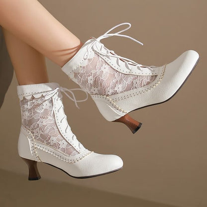 Lace Panel Lace-Up Kitten Heel Short Boots