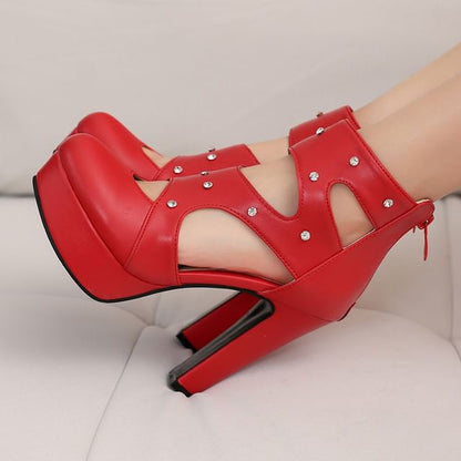 Rhinestone Cutout Platform Chunky Heel Pumps