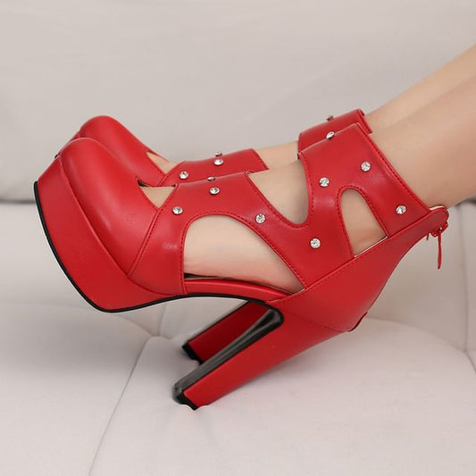 Rhinestone Cutout Platform Chunky Heel Pumps