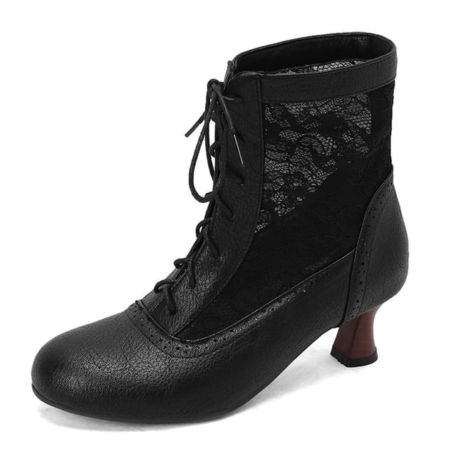 Lace Panel Lace-Up Kitten Heel Short Boots