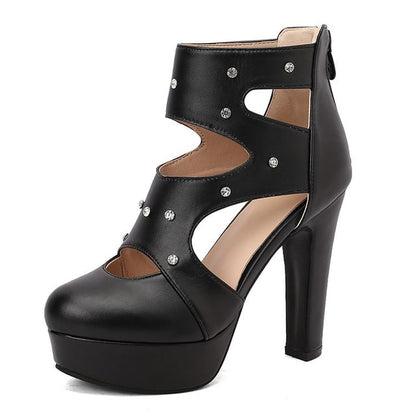 Rhinestone Cutout Platform Chunky Heel Pumps