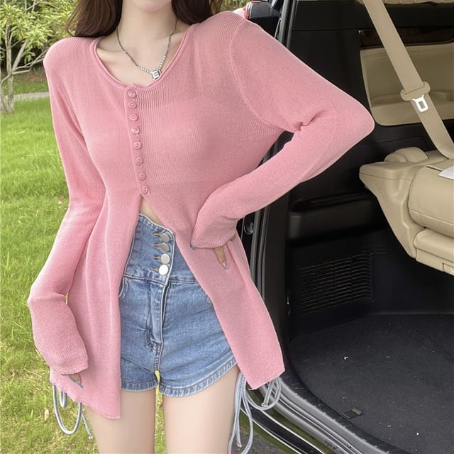 Sheer Slit Crewneck Button-Up Cardigan
