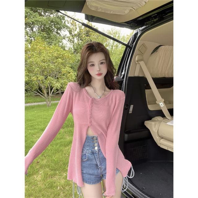 Sheer Slit Crewneck Button-Up Cardigan