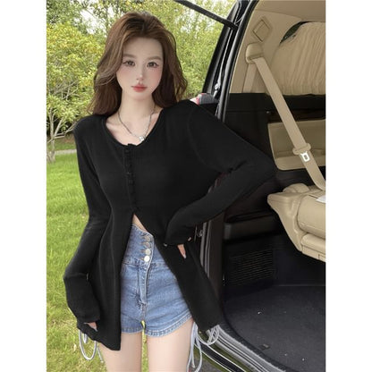 Sheer Slit Crewneck Button-Up Cardigan