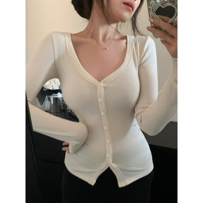 V-Neck Buttoned Cropped Cardigan