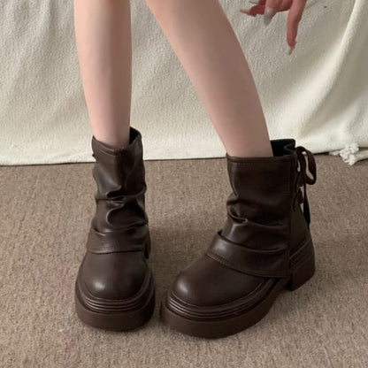 Platform Plain Ruched Faux Leather Short Boots